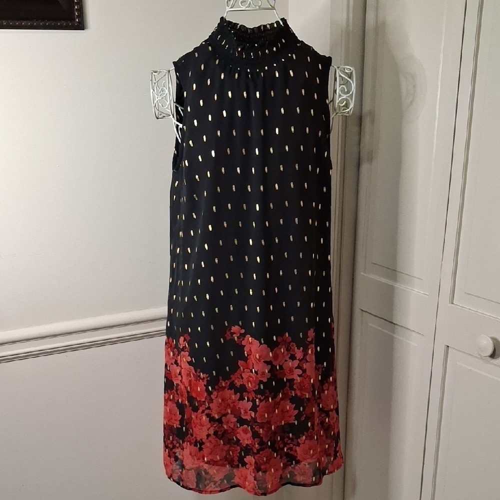 Sara Michelle Black Dress with Red Floral and Gold Accents